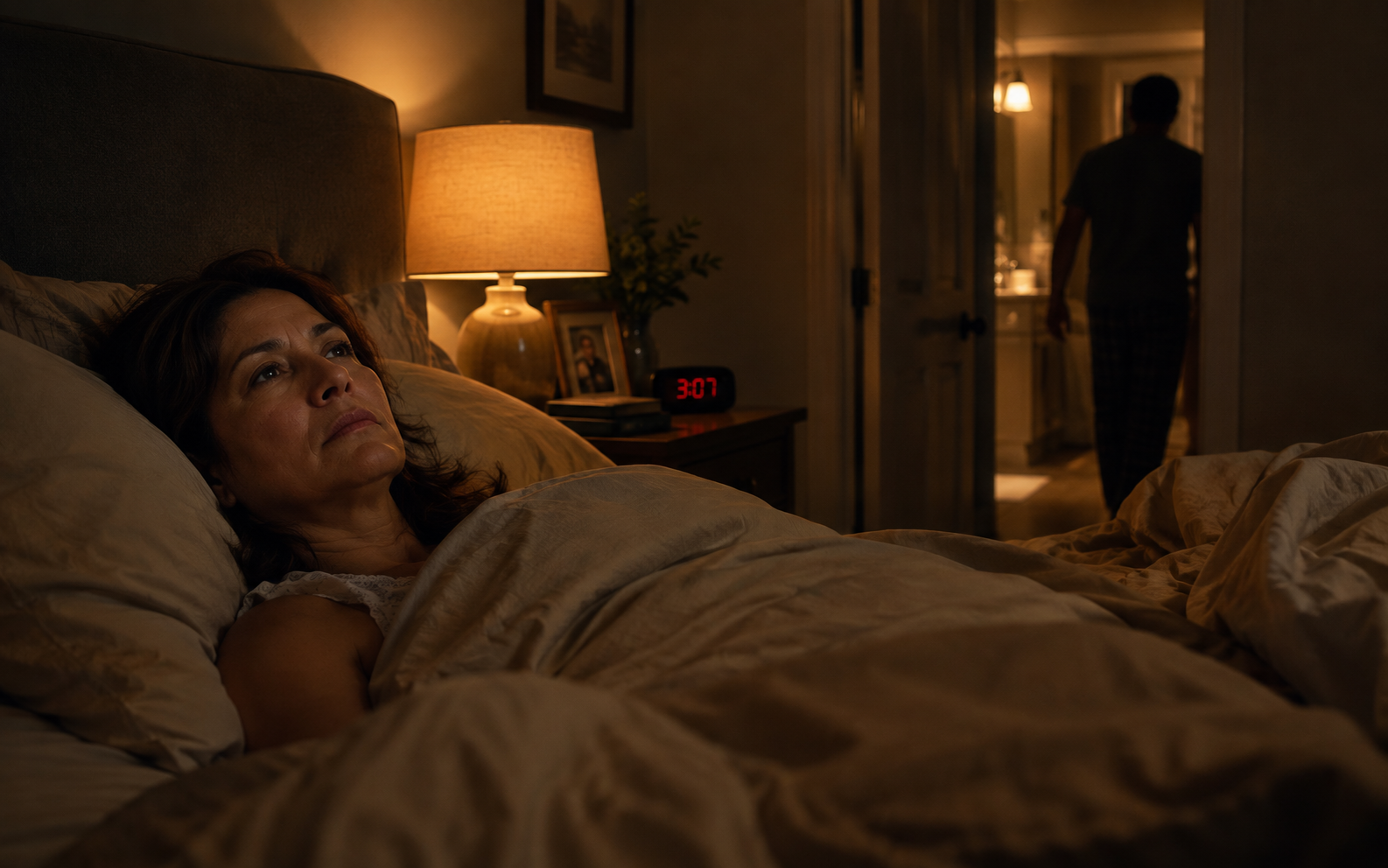 3AM, a couple in bed, wife awake while husband walks to the bathroom