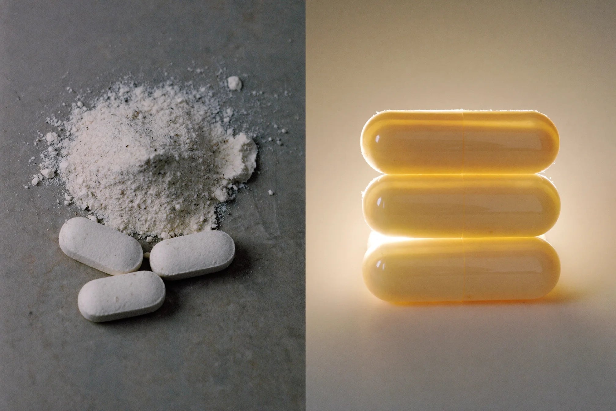 [banner6 — split comparison: weak scoop of dull cranberry powder vs. Natzen standardized softgels]