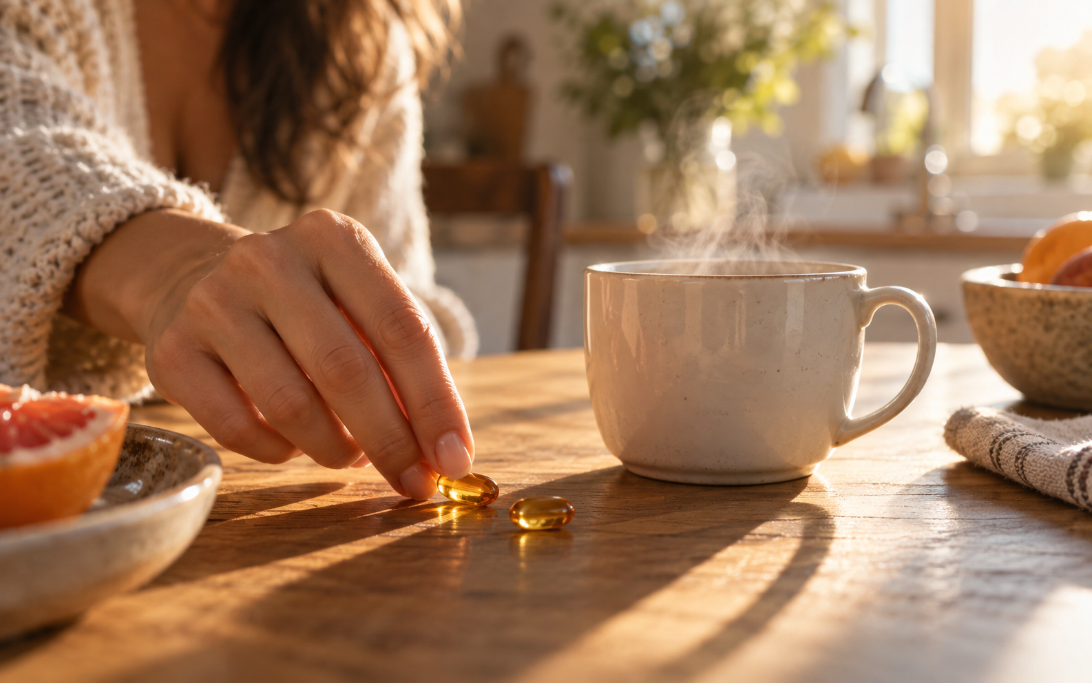 Two Natzen Cranberry capsules on a table next to a coffee cup