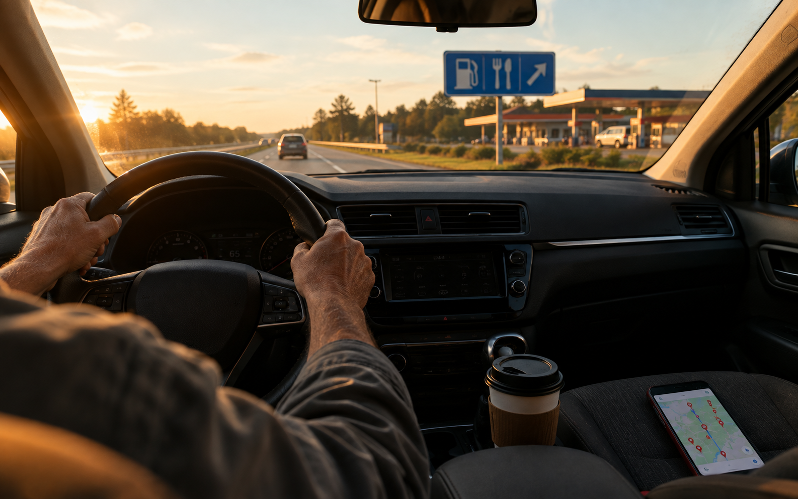 Man 50+ inside a car on a highway looking at a gas station sign