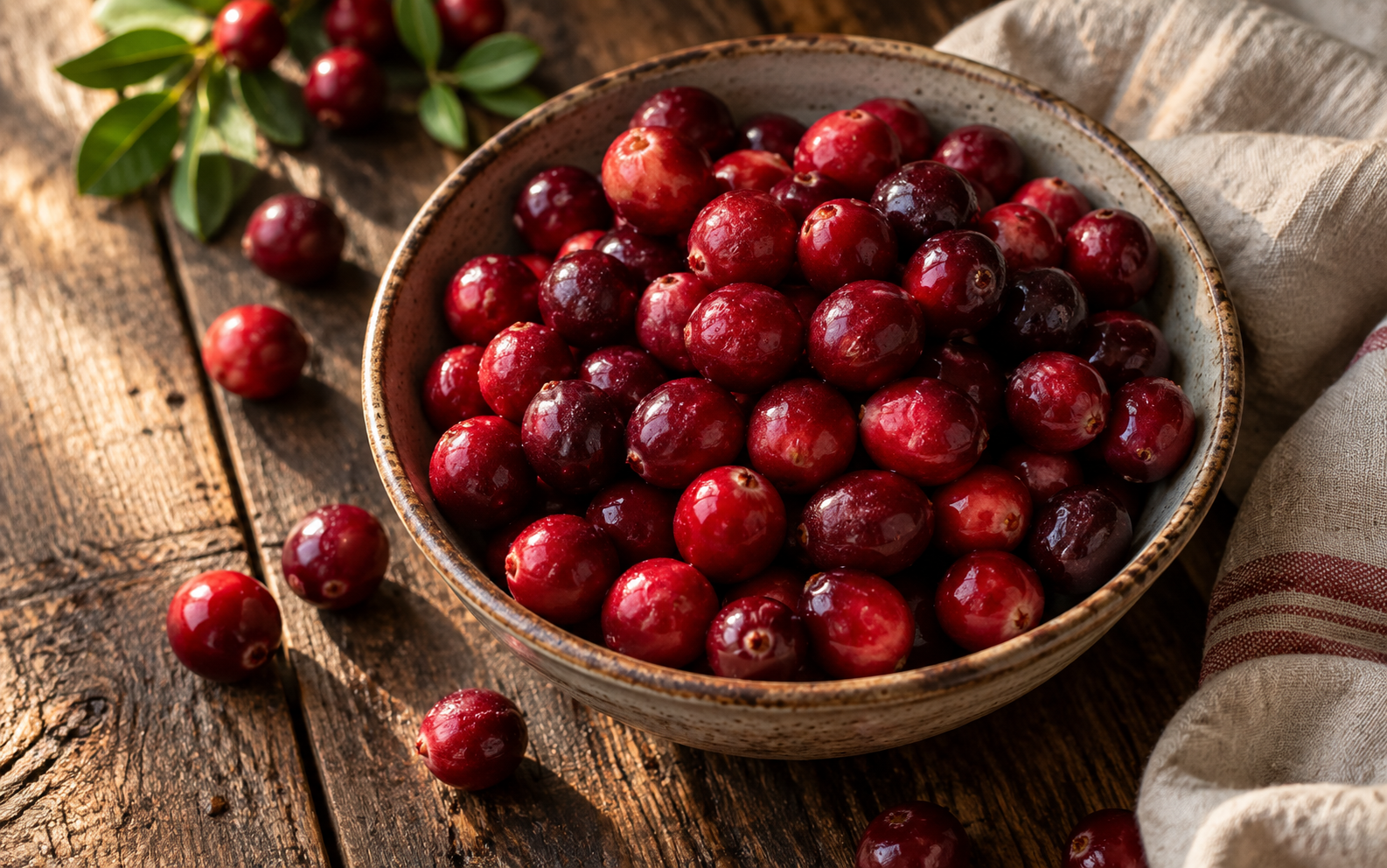 Fresh cranberries in a rustic bowl on a wooden table, natural light