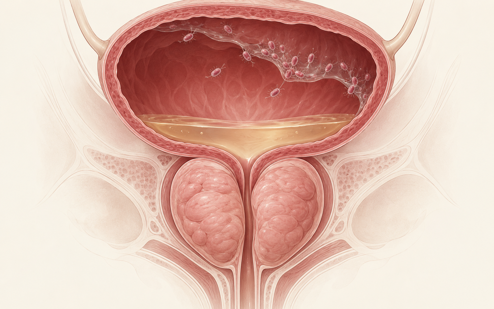 Editorial medical illustration of the male bladder, enlarged prostate, and bacteria forming a biofilm on the bladder wall