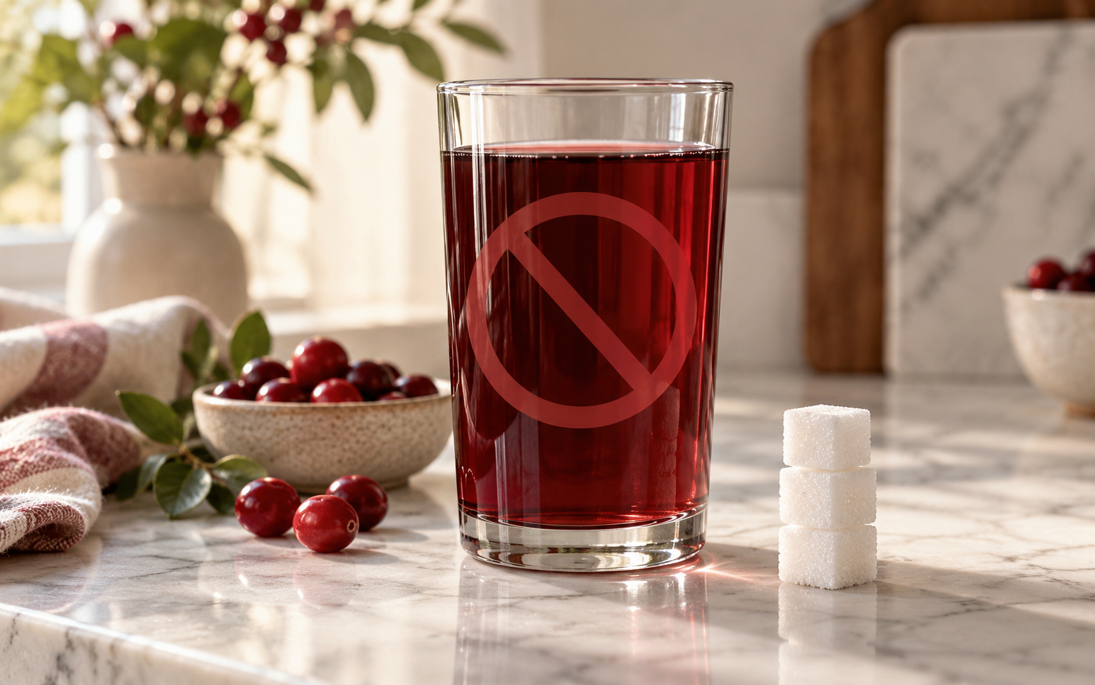 A glass of cranberry juice with a red no-symbol over it and sugar cubes beside it