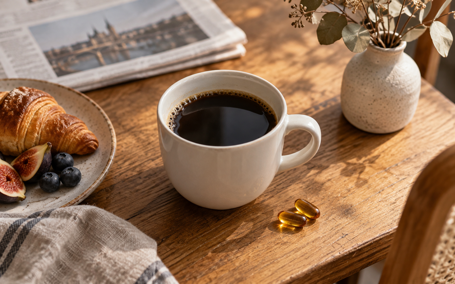 Morning coffee cup with two Natzen Cranberry capsules beside it on a wooden table, natural light
